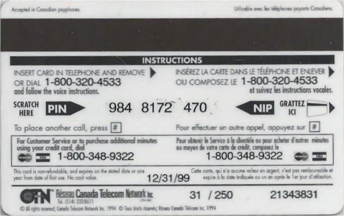 Télécartes Titanic Canada%201%20dos